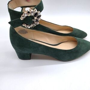 Nine West Bartlly Green‎ Suede Rhinestone Ankle Strap Block Heel Pump Size 6